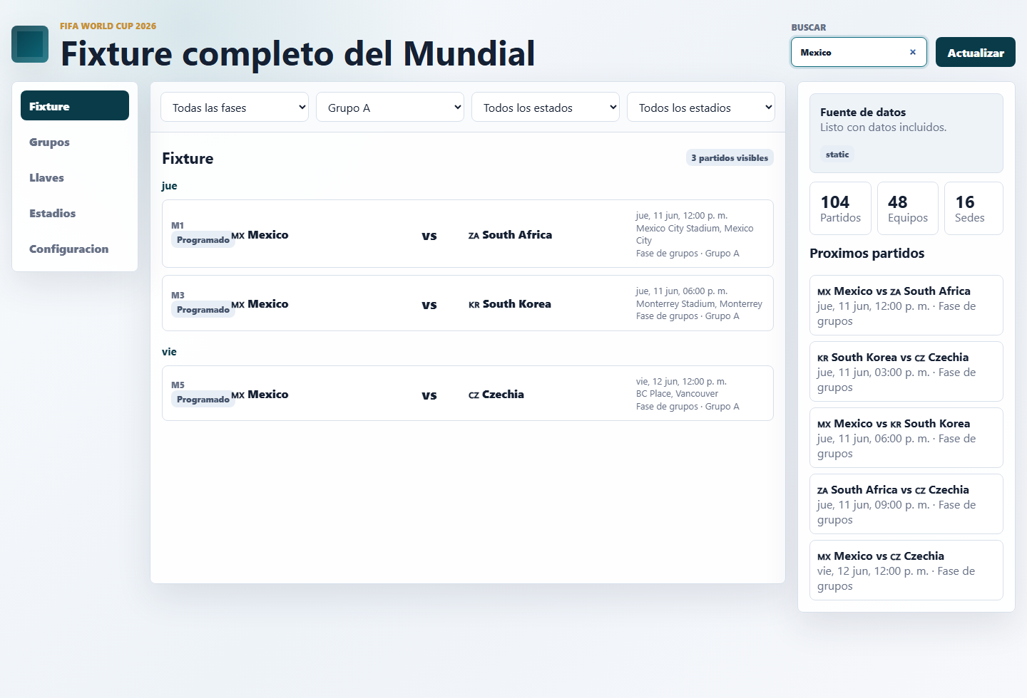 Vista del fixture del Mundial 2026 con filtros, partidos y resumen